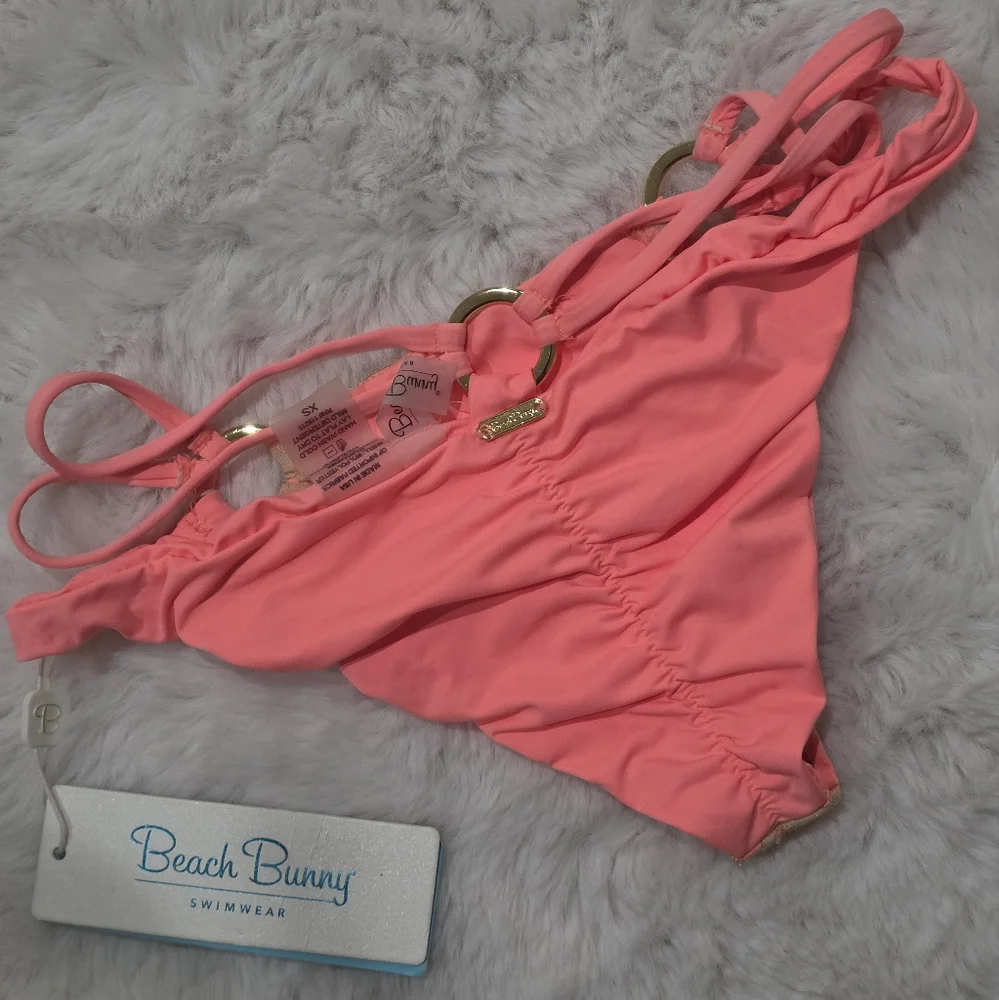NWT Beach Bunny Coral Gun powder And‎ Lace Skimpy Strappy Bikini Bottoms L - Picture 2 of 3